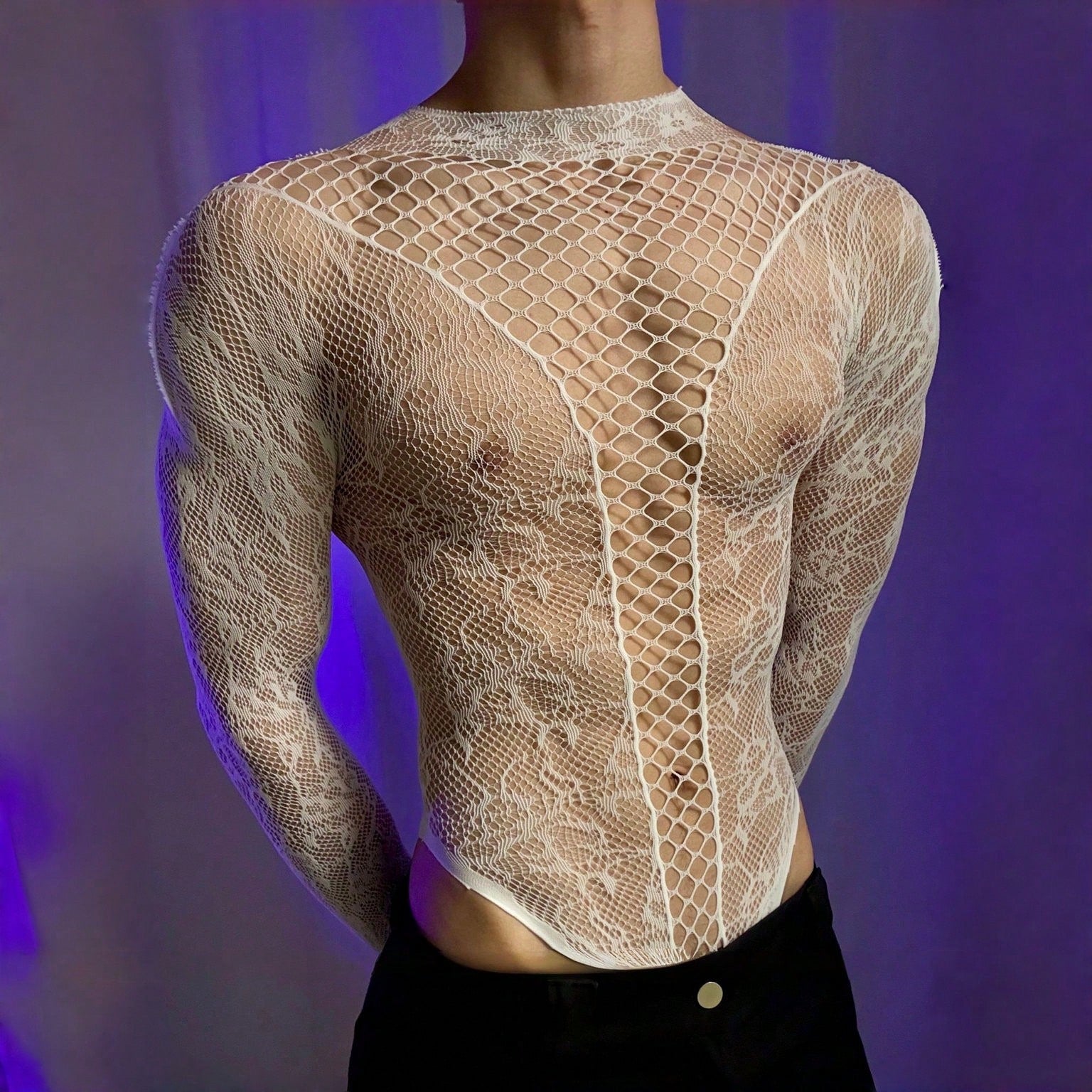 Men's white semi-sheer mesh one-piece jumpsuit with round neck, hollow out detail, and high-stretch polyamide elastane fabric for costume or party wear.