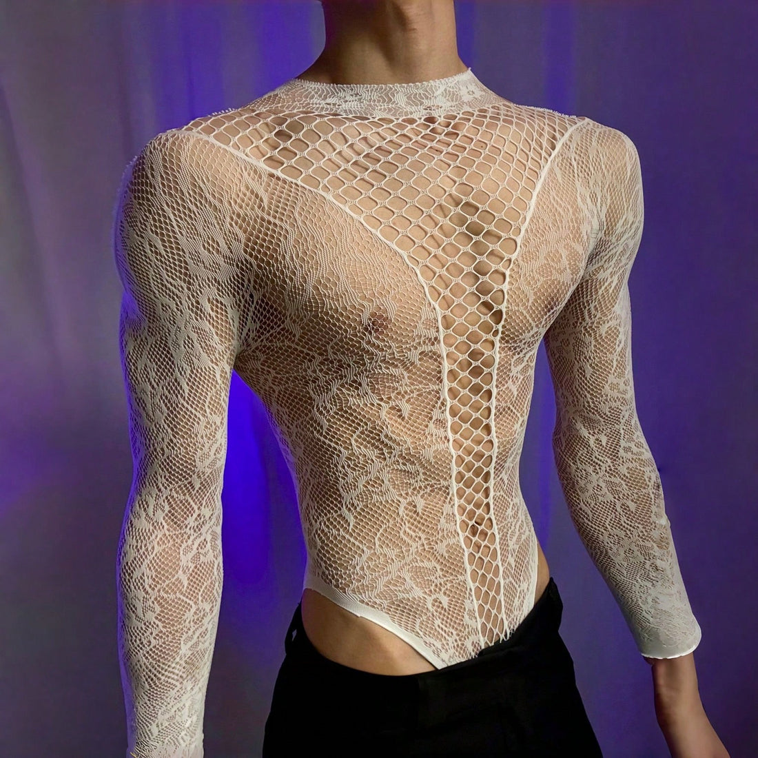 Men's white semi-sheer mesh one-piece jumpsuit with round neck, hollow out detail, and high-stretch polyamide elastane fabric for costume or party wear.