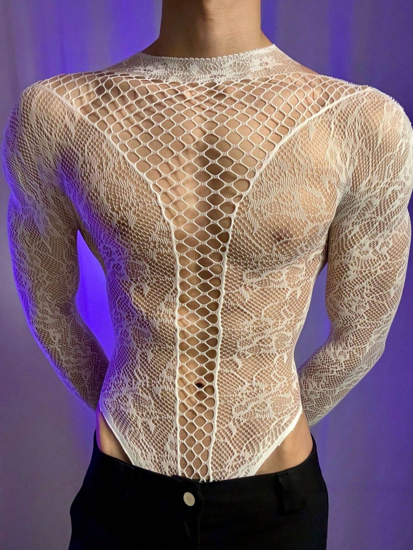 Men's white semi-sheer mesh one-piece jumpsuit with round neck, hollow out detail, and high-stretch polyamide elastane fabric for costume or party wear.