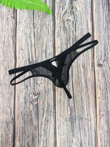 Men's black mesh G-string thong underwear featuring a low-waist cut-out front design.