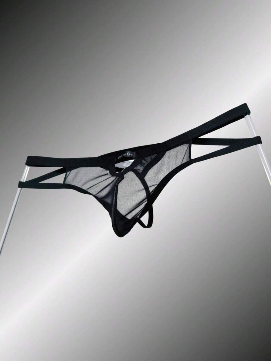 Men's black mesh G-string thong underwear featuring a low-waist cut-out front design.