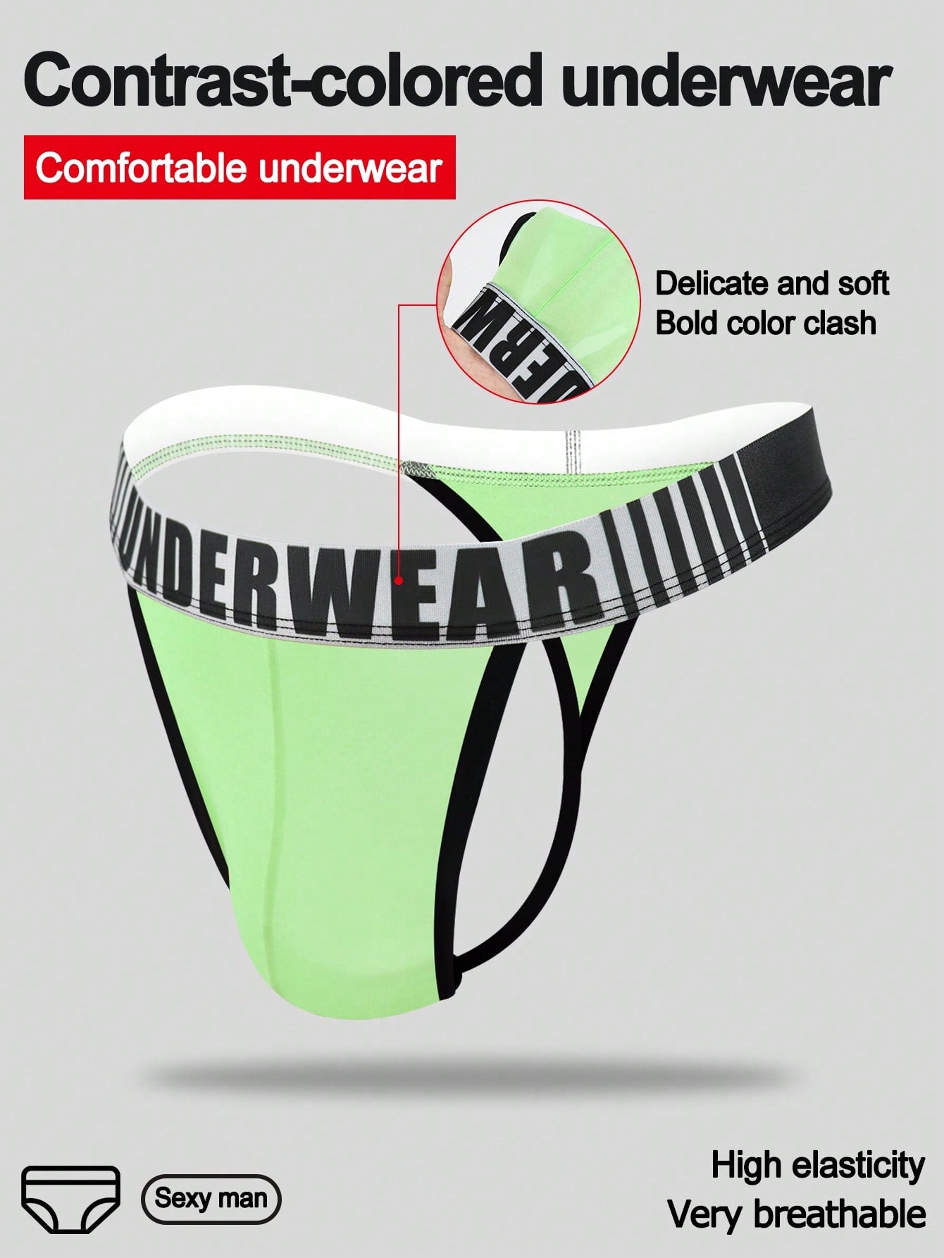 Men's low rise thong underwear in knitted fabric with striped colorblock pattern and letter waistband.