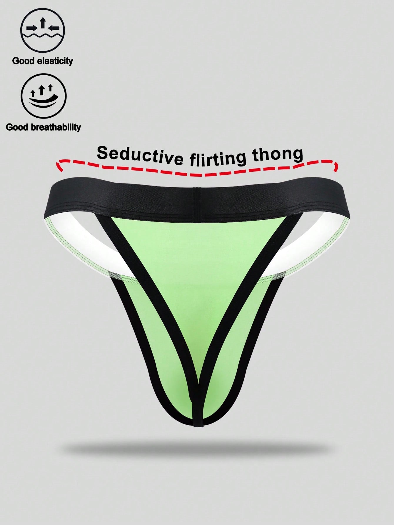 Men's low rise thong underwear in knitted fabric with striped colorblock pattern and letter waistband.