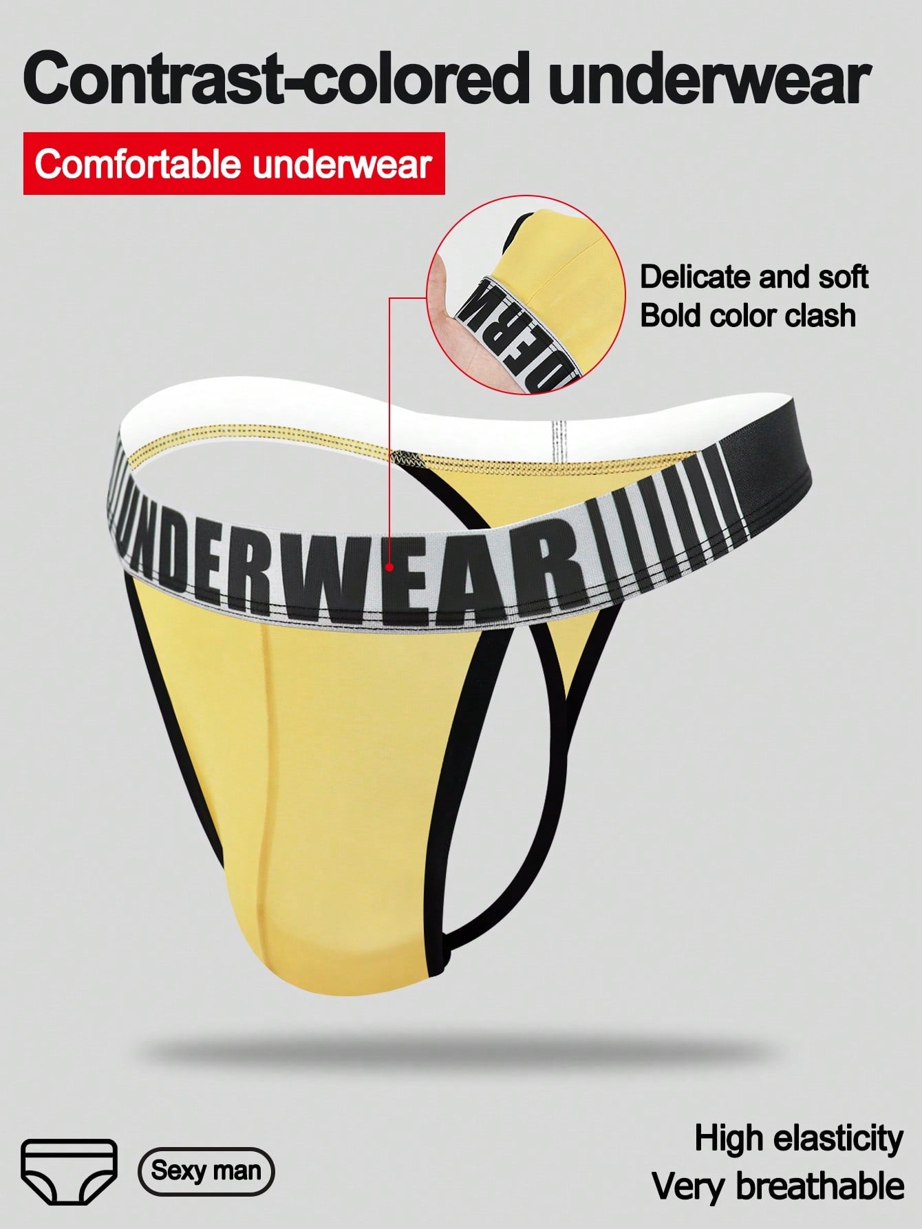Men's low rise thong underwear in knitted fabric with striped colorblock pattern and letter waistband.