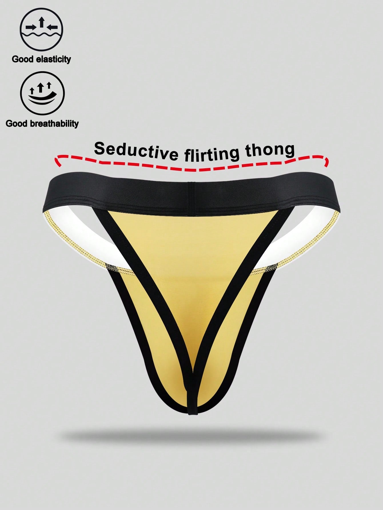 Men's low rise thong underwear in knitted fabric with striped colorblock pattern and letter waistband.