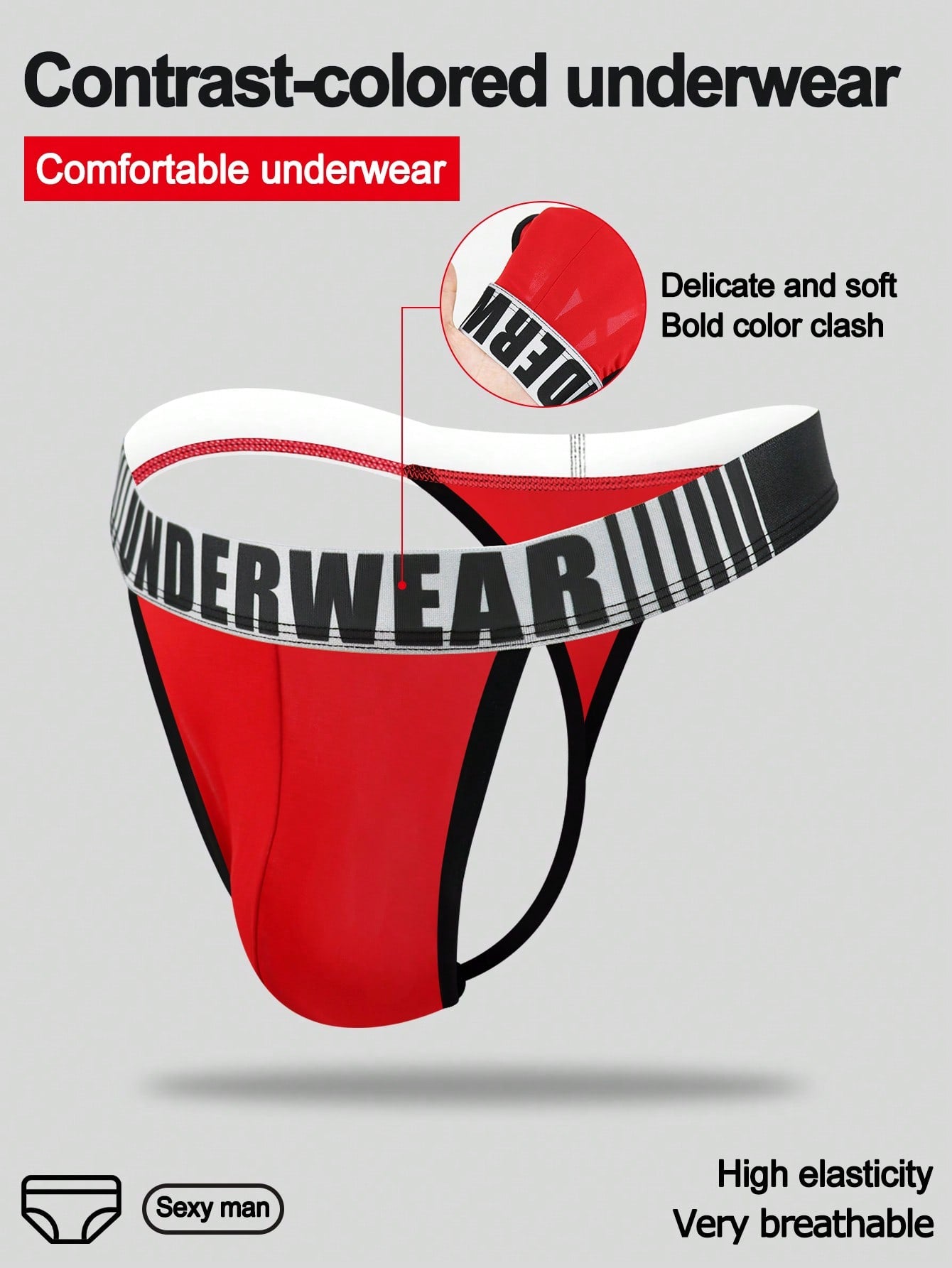 Men's low rise thong underwear in knitted fabric with striped colorblock pattern and letter waistband.