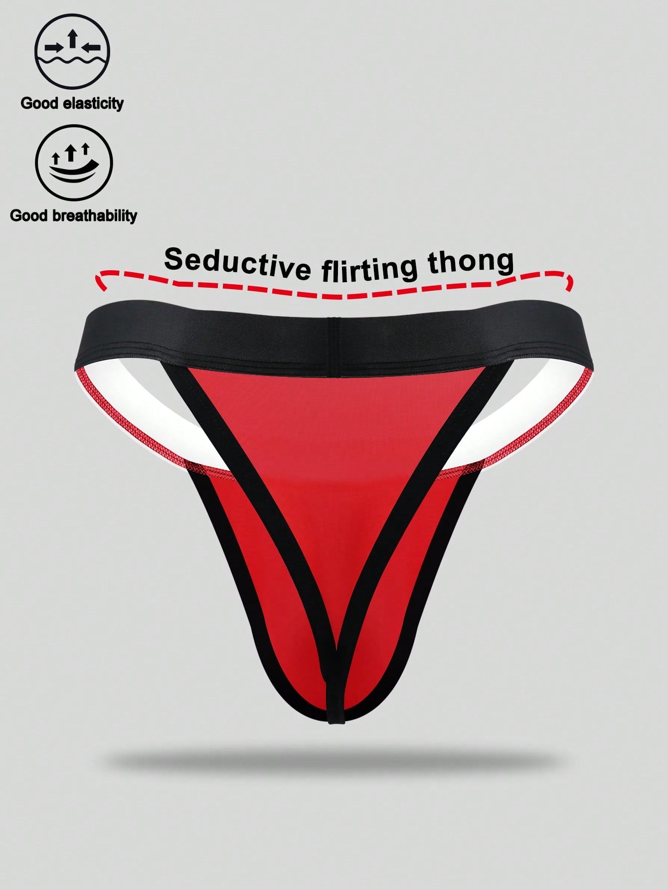 Men's low rise thong underwear in knitted fabric with striped colorblock pattern and letter waistband.