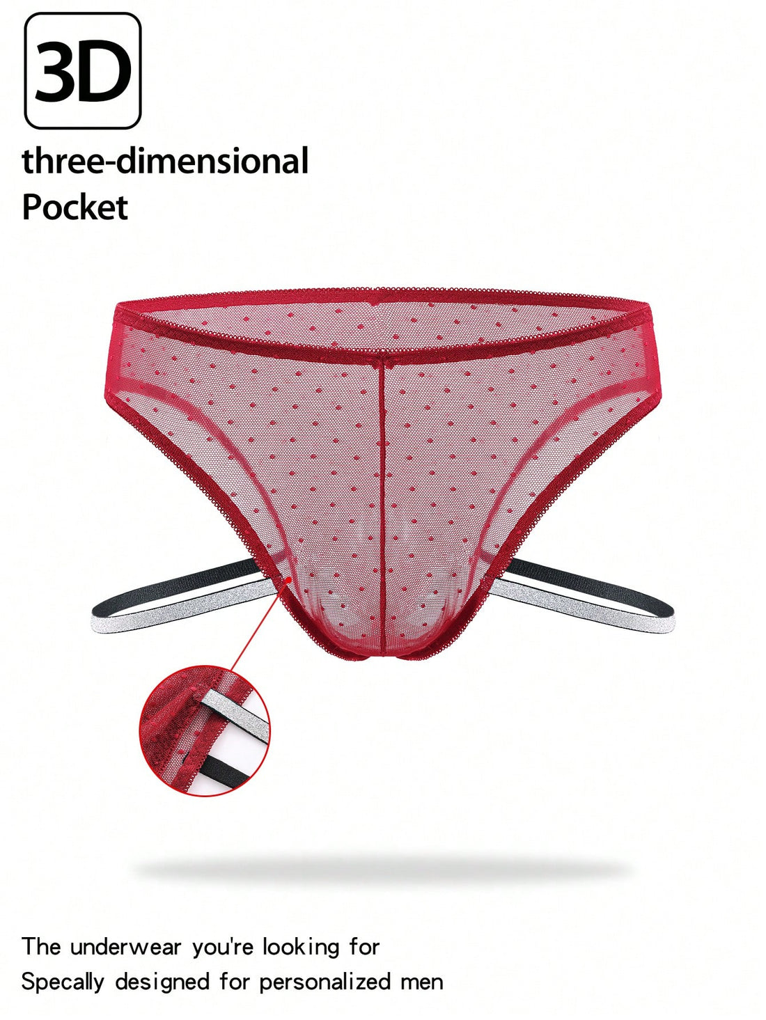 Men's low rise briefs in burgundy knitted fabric with lace trim, geometric pattern, medium stretch, and a semi-sheer finish.