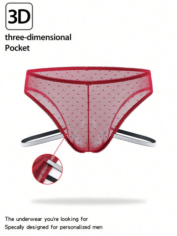 Men's low rise briefs in burgundy knitted fabric with lace trim, geometric pattern, medium stretch, and a semi-sheer finish.