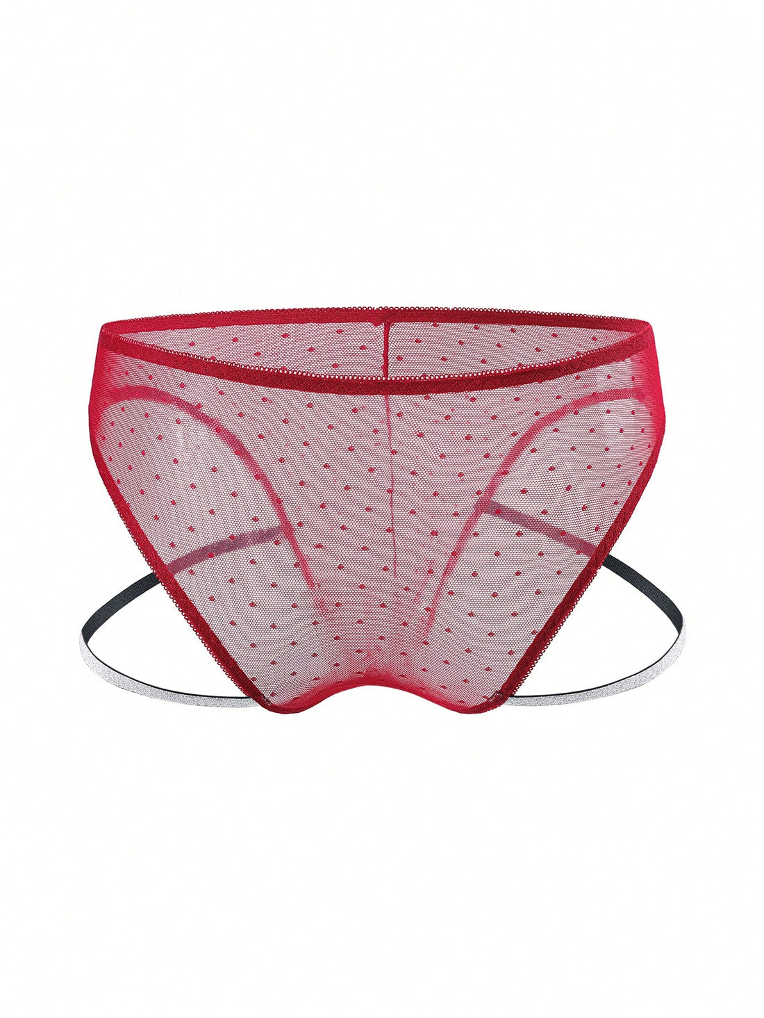 Men's low rise briefs in burgundy knitted fabric with lace trim, geometric pattern, medium stretch, and a semi-sheer finish.