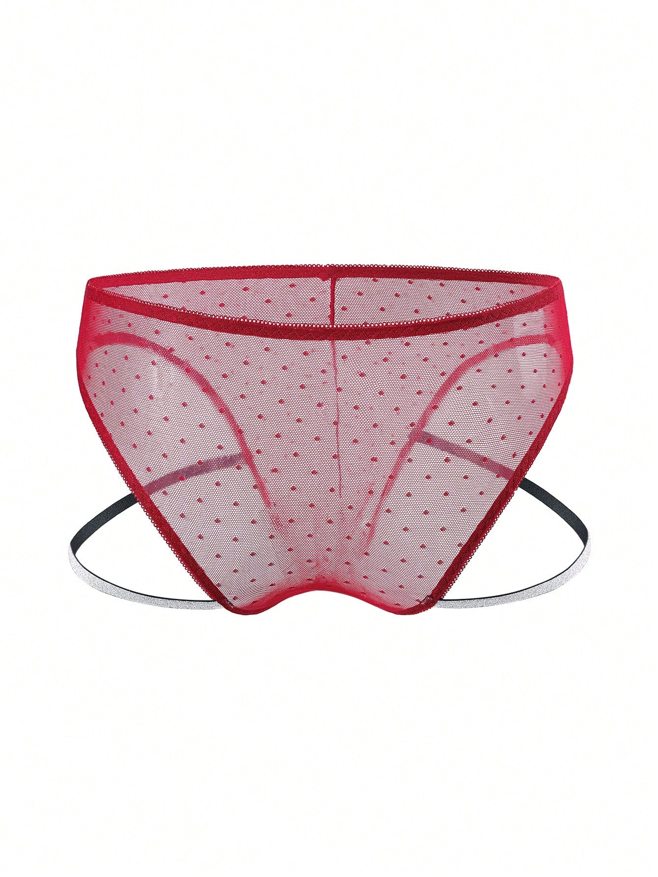 Men's low rise briefs in burgundy knitted fabric with lace trim, geometric pattern, medium stretch, and a semi-sheer finish.