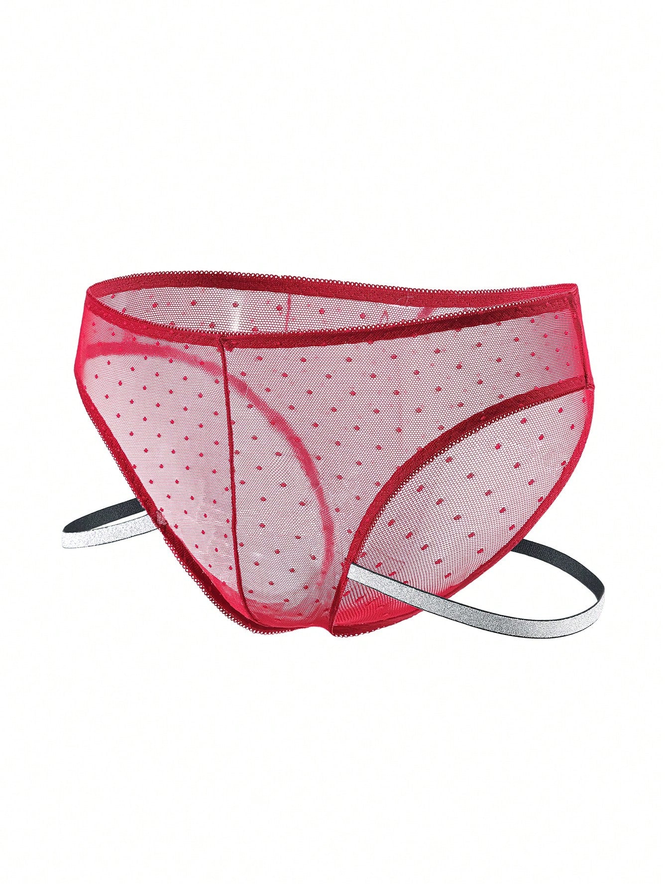 Men's low rise briefs in burgundy knitted fabric with lace trim, geometric pattern, medium stretch, and a semi-sheer finish.