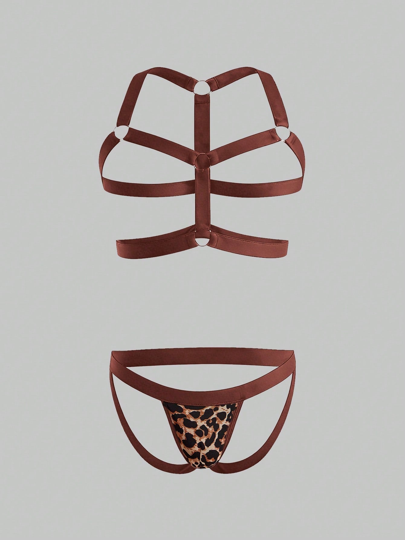 Men's sexy lingerie 3-piece set in leopard print mesh with matching leopard print straps, short vest top, and low rise thong styling for rave, festival, or Halloween wear.