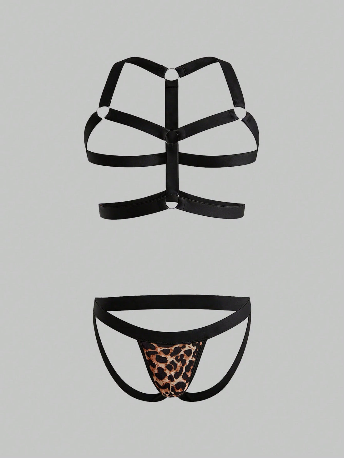 Men's sexy lingerie 3-piece set in leopard print mesh with matching leopard print straps, short vest top, and low rise thong styling for rave, festival, or Halloween wear.