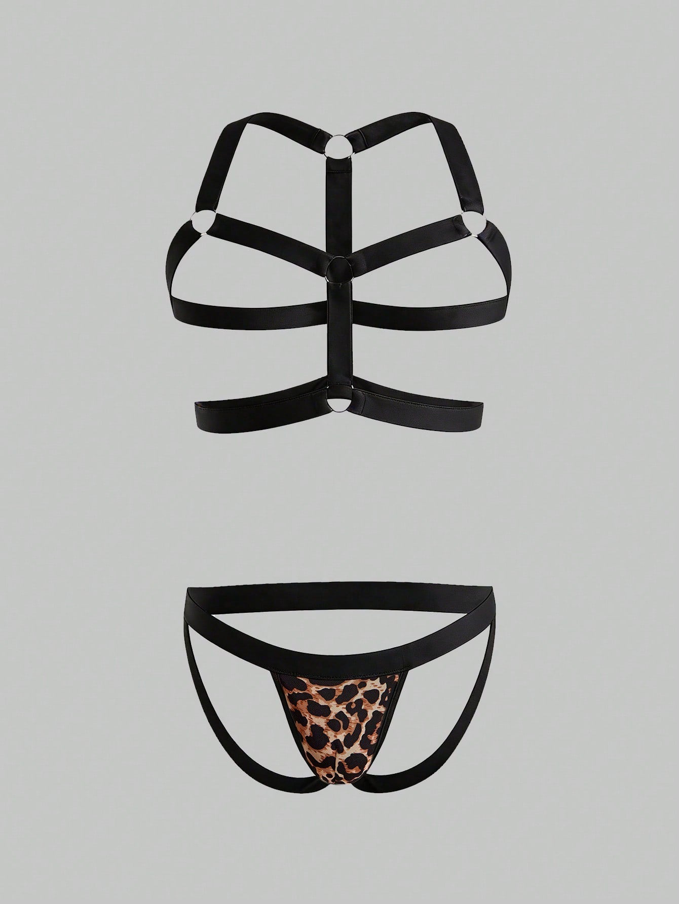 Men's sexy lingerie 3-piece set in leopard print mesh with matching leopard print straps, short vest top, and low rise thong styling for rave, festival, or Halloween wear.