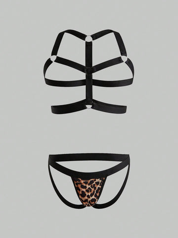 Men's sexy lingerie 3-piece set in leopard print mesh with matching leopard print straps, short vest top, and low rise thong styling for rave, festival, or Halloween wear.
