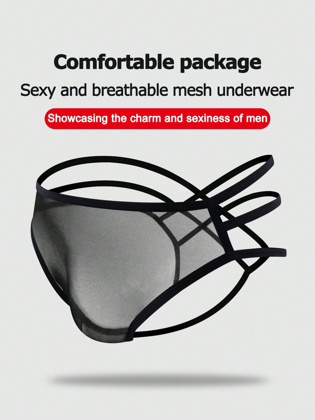 Black men's criss-cross mesh thong underwear with low rise V-string design and medium stretch fabric.