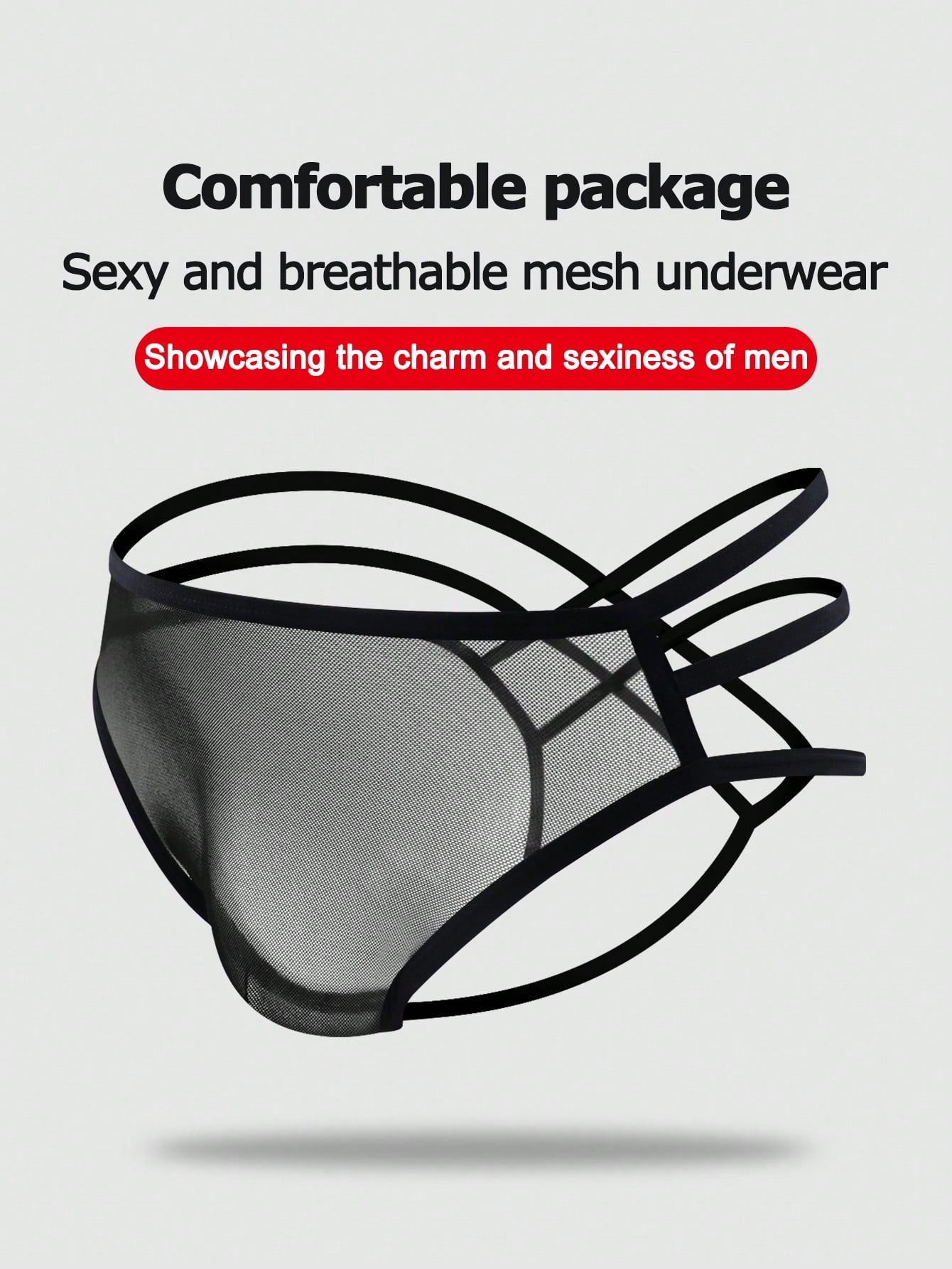 Black men's criss-cross mesh thong underwear with low rise V-string design and medium stretch fabric.