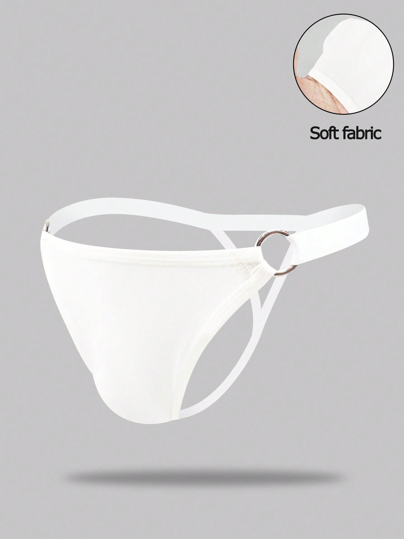 Men's black low rise thong briefs with cut out detail, plain pattern, and medium stretch knitted fabric