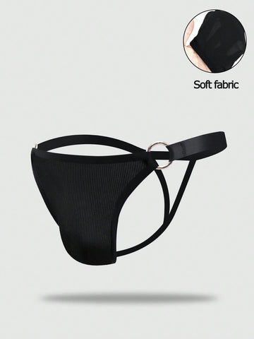 Men's black low rise thong briefs with cut out detail, plain pattern, and medium stretch knitted fabric