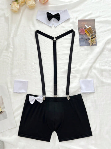 Men's 2-piece costume set with bow decor, contrast lace, geometric pattern, slim fit shorts, and medium-stretch knitted fabric.