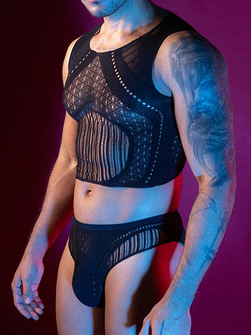 Men's black hollow-out mesh lingerie set with a cropped sleeveless tank top and matching briefs, featuring a round neck, backless design, sheer knitted fabric, and slim fit.