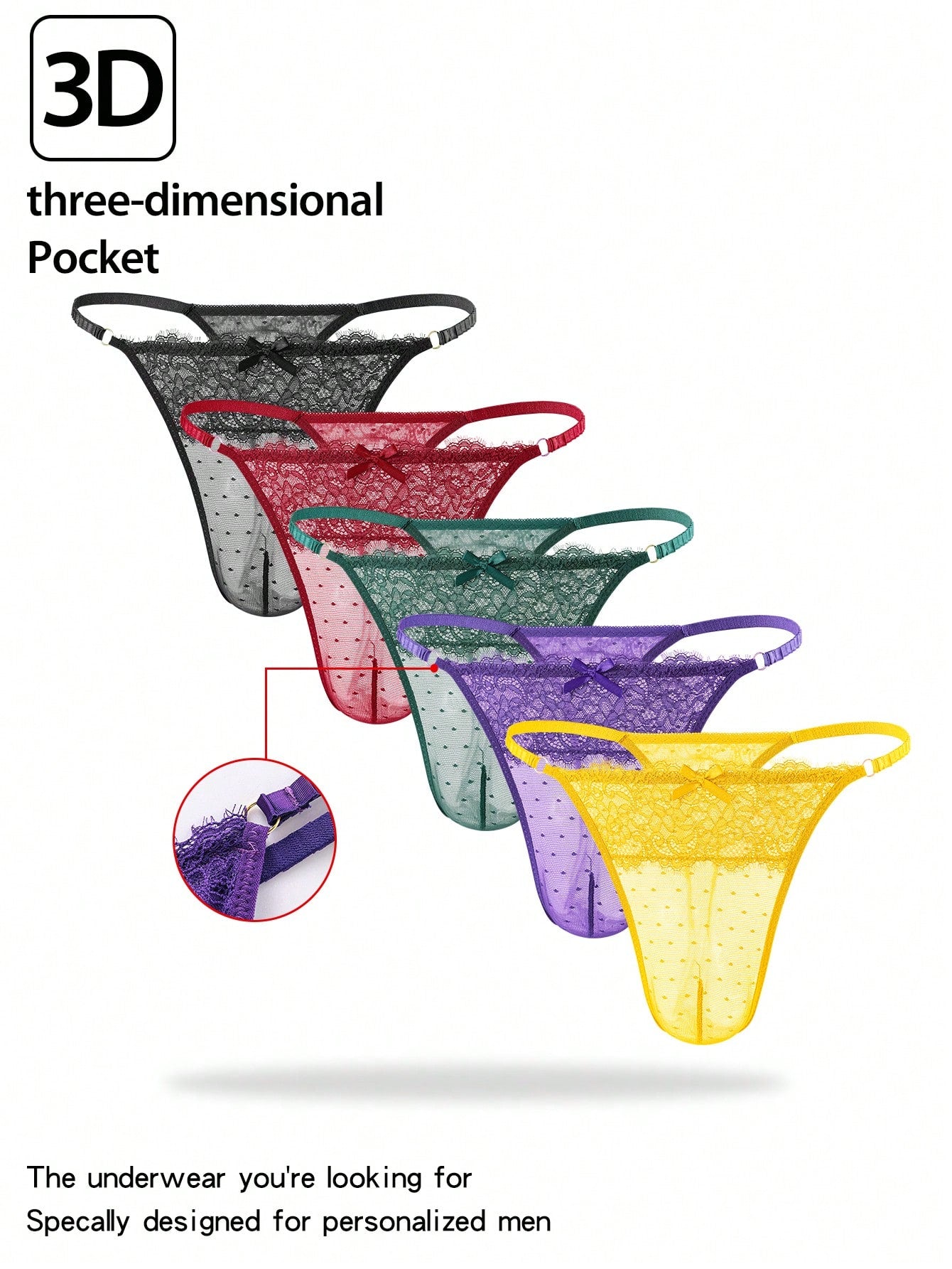 5-piece set of men's semi-sheer lace thong underwear in assorted colors with low rise fit, plain pattern, ring detail, and medium stretch knitted fabric.