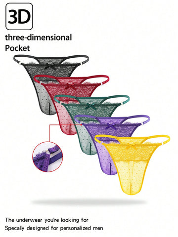 5-piece set of men's semi-sheer lace thong underwear in assorted colors with low rise fit, plain pattern, ring detail, and medium stretch knitted fabric.