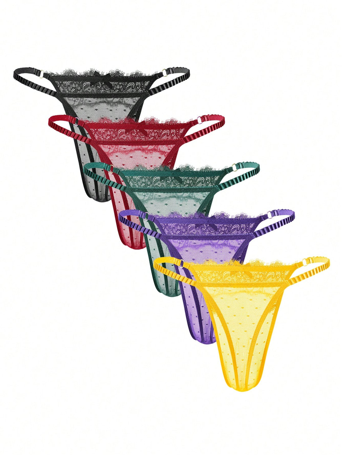 5-piece set of men's semi-sheer lace thong underwear in assorted colors with low rise fit, plain pattern, ring detail, and medium stretch knitted fabric.