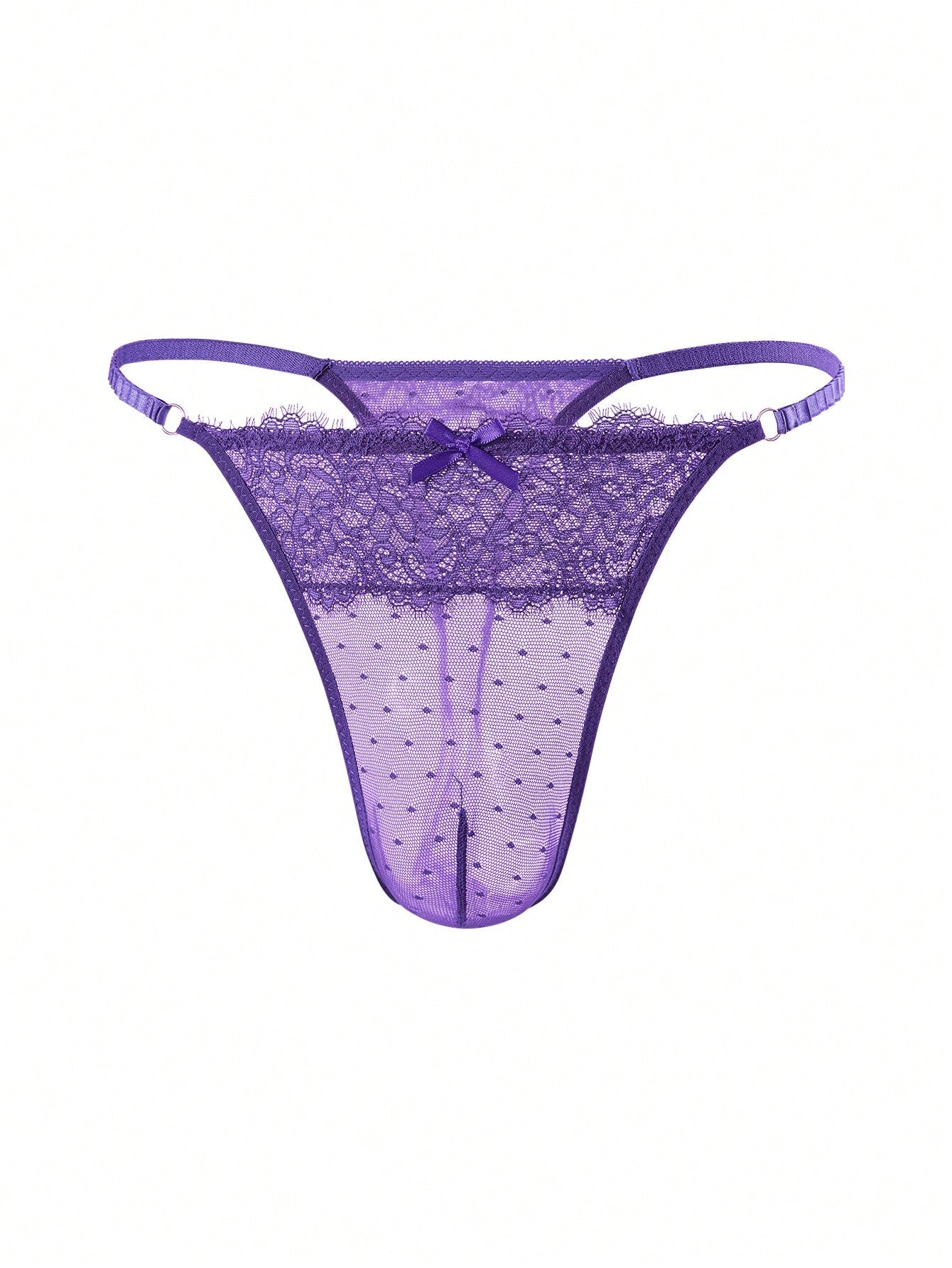5-piece set of men's semi-sheer lace thong underwear in assorted colors with low rise fit, plain pattern, ring detail, and medium stretch knitted fabric.