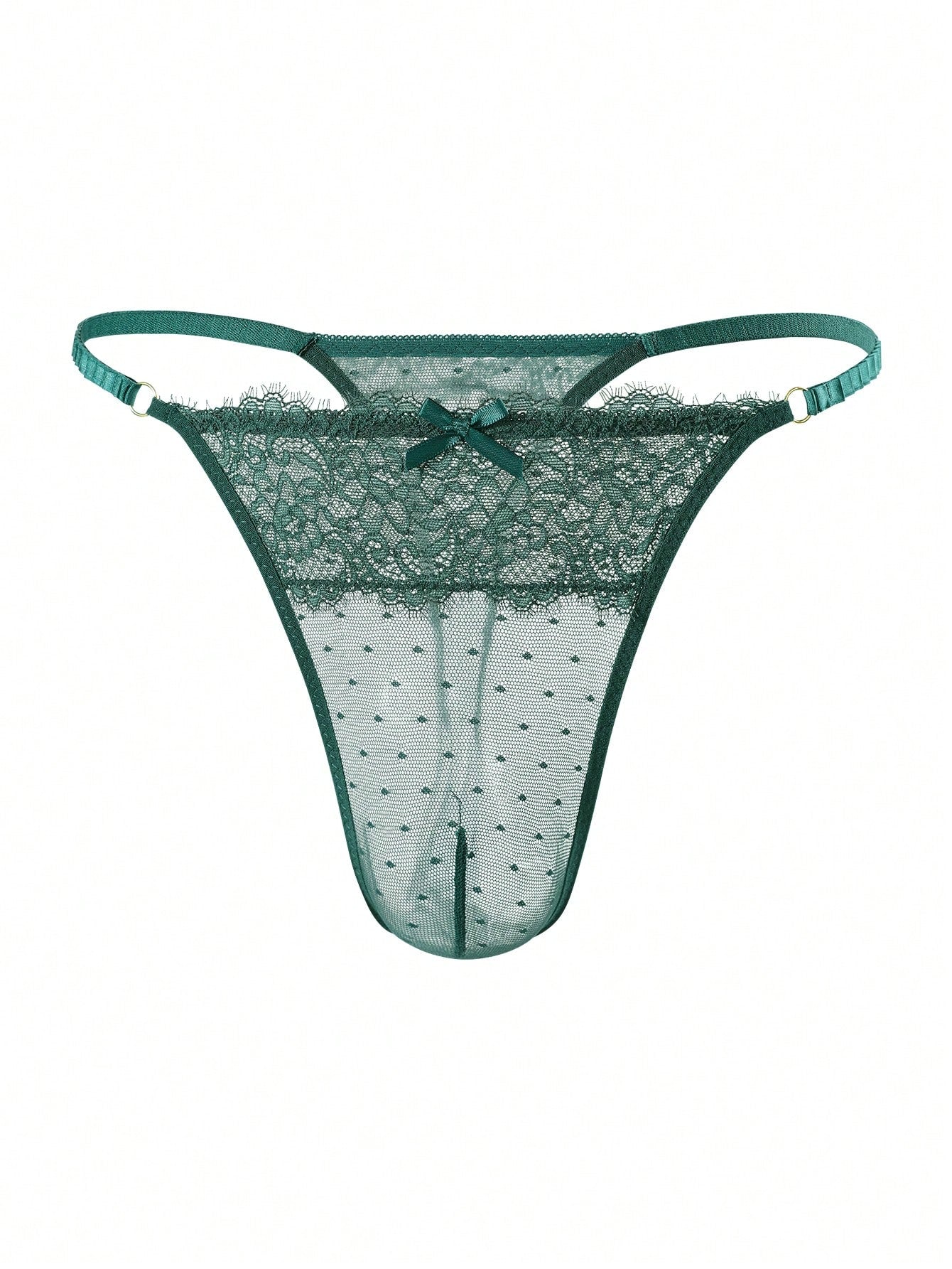 5-piece set of men's semi-sheer lace thong underwear in assorted colors with low rise fit, plain pattern, ring detail, and medium stretch knitted fabric.