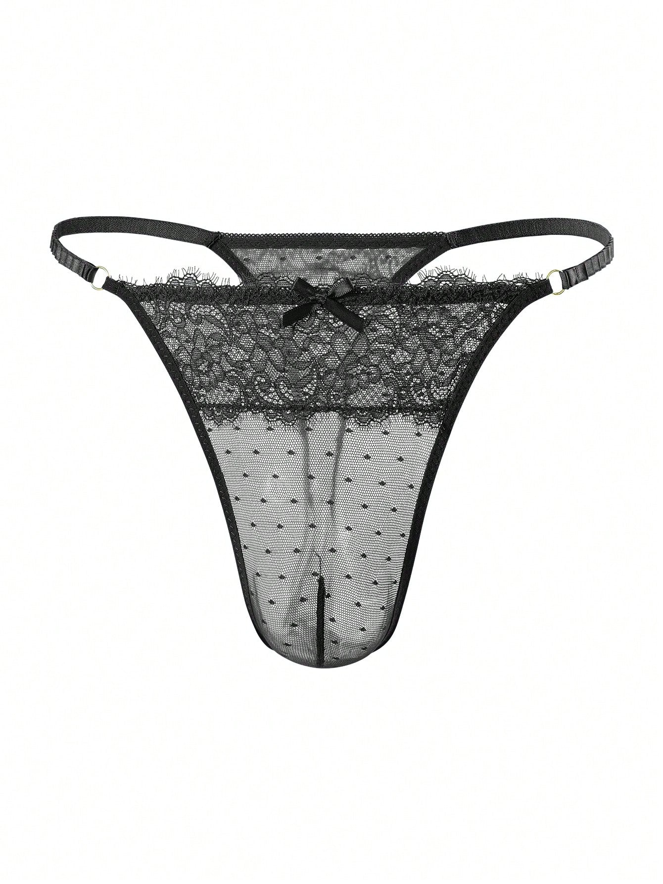 5-piece set of men's semi-sheer lace thong underwear in assorted colors with low rise fit, plain pattern, ring detail, and medium stretch knitted fabric.