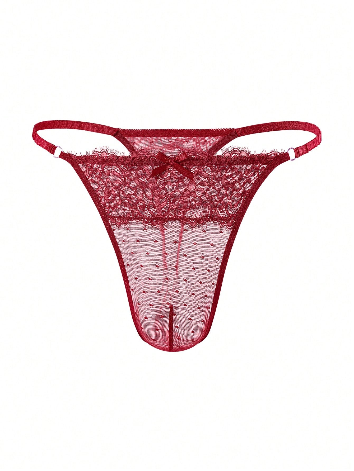 5-piece set of men's semi-sheer lace thong underwear in assorted colors with low rise fit, plain pattern, ring detail, and medium stretch knitted fabric.