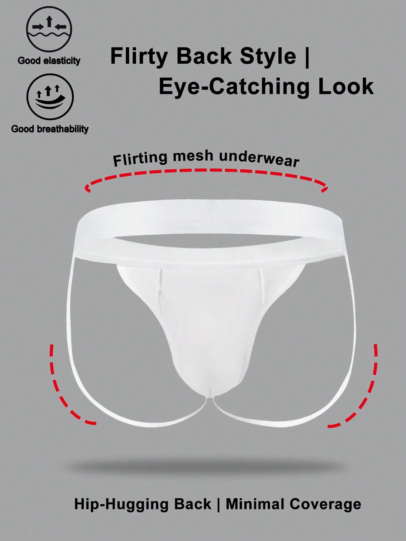 Men's red low-rise jockstrap underwear in knitted fabric with cut out detail, contrast binding, colorblock letter pattern, and medium stretch.