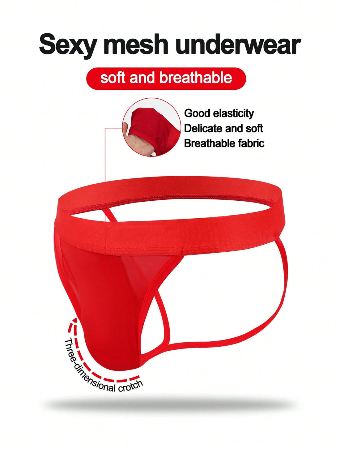 Men's red low-rise jockstrap underwear in knitted fabric with cut out detail, contrast binding, colorblock letter pattern, and medium stretch.