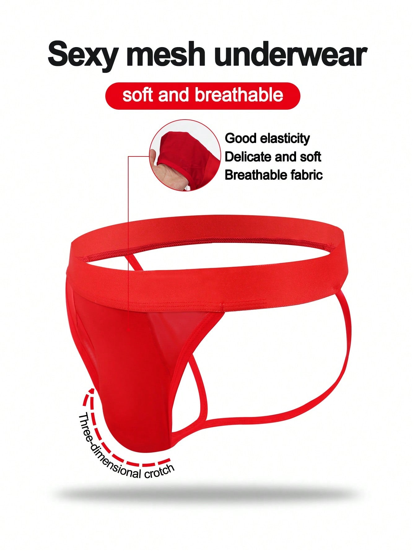Men's red low-rise jockstrap underwear in knitted fabric with cut out detail, contrast binding, colorblock letter pattern, and medium stretch.