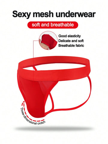 Men's red low-rise jockstrap underwear in knitted fabric with cut out detail, contrast binding, colorblock letter pattern, and medium stretch.