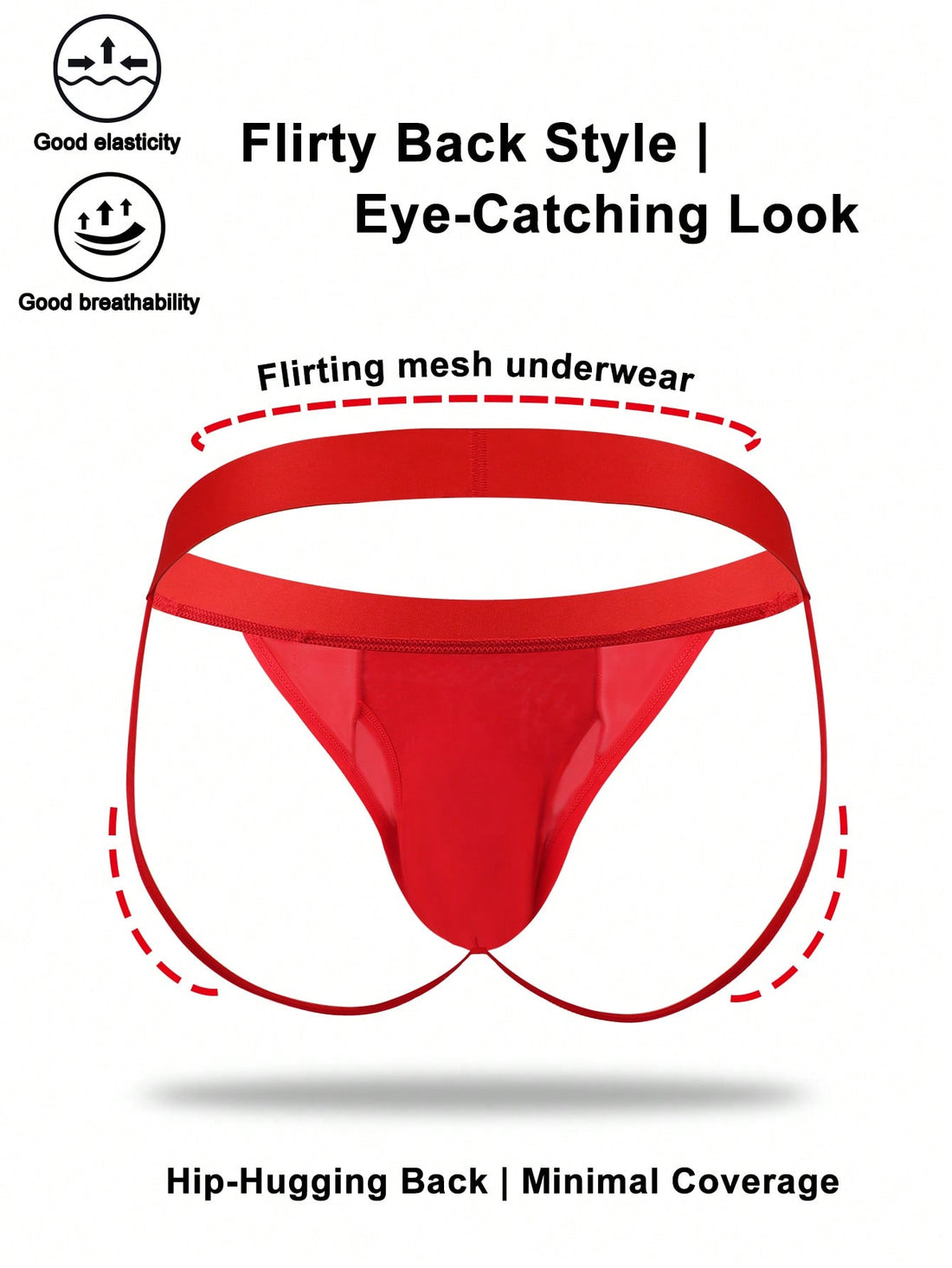 Men's red low-rise jockstrap underwear in knitted fabric with cut out detail, contrast binding, colorblock letter pattern, and medium stretch.
