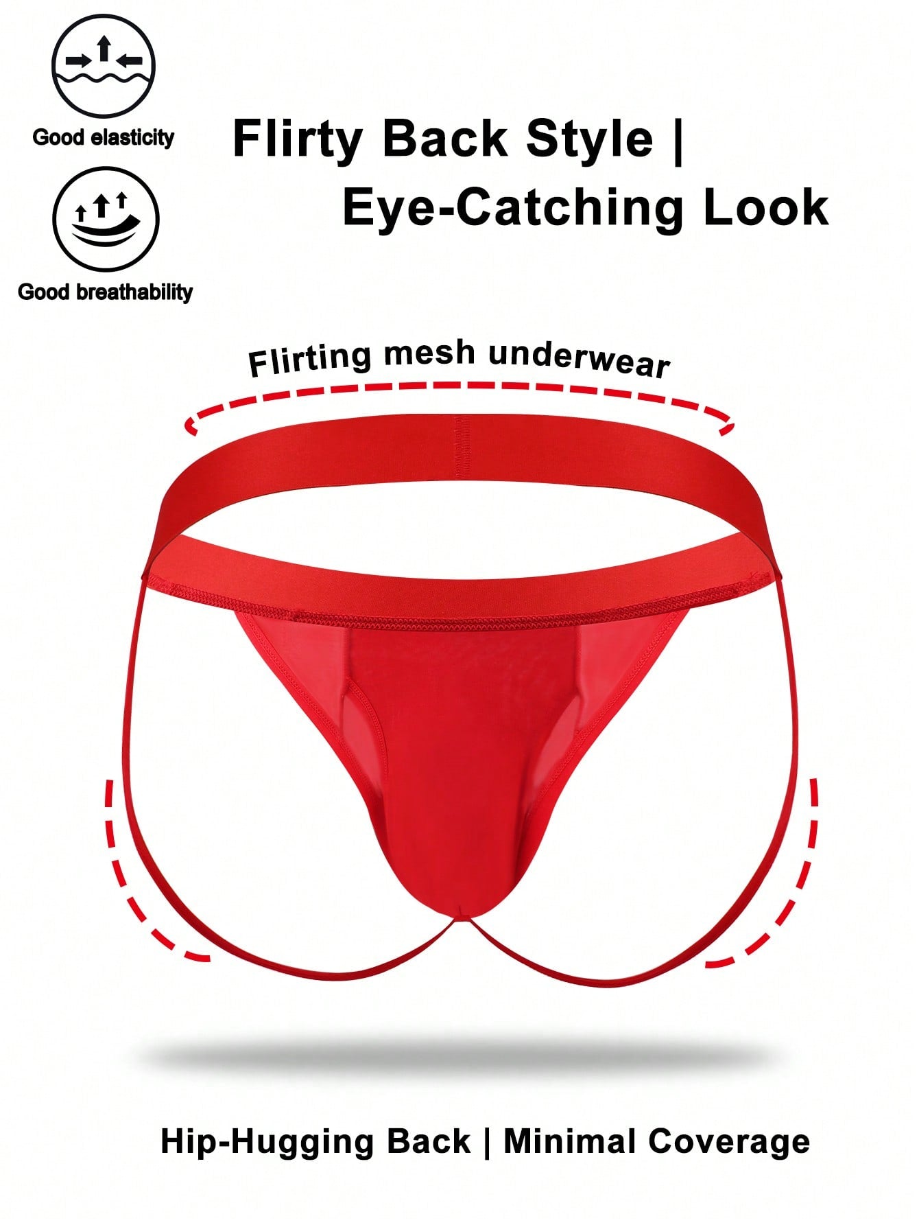 Men's red low-rise jockstrap underwear in knitted fabric with cut out detail, contrast binding, colorblock letter pattern, and medium stretch.