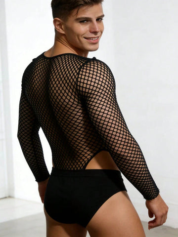 Black men's fishnet bodysuit with lace detailing, round neck, mid-rise fit, and suspender-style design in high-stretch knitted polyamide fabric.