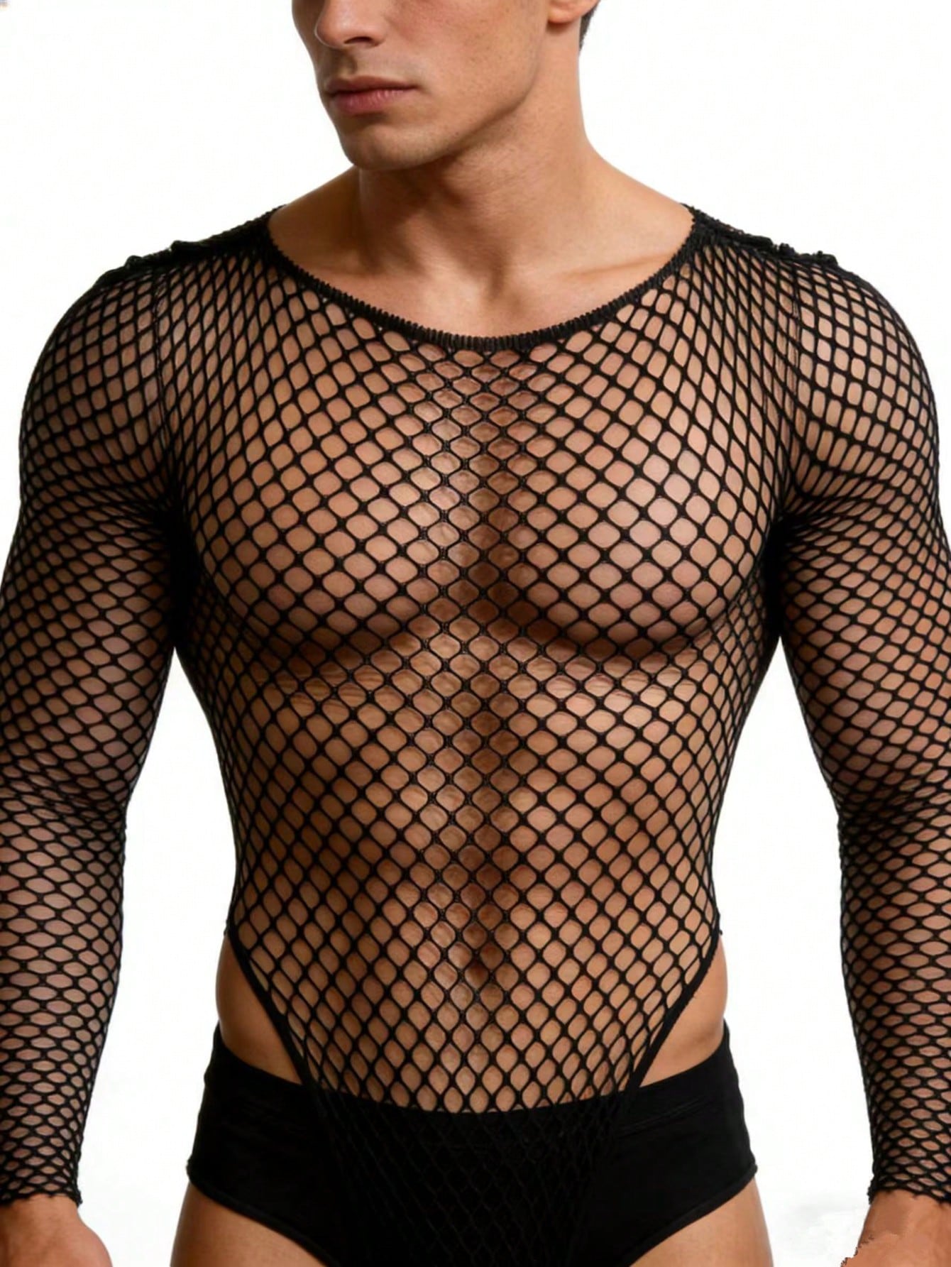 Black men's fishnet bodysuit with lace detailing, round neck, mid-rise fit, and suspender-style design in high-stretch knitted polyamide fabric.