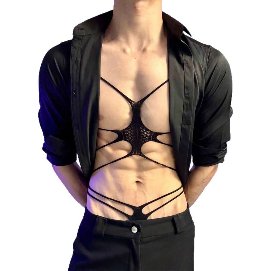 Black men's erotic bodysuit lingerie featuring cut-out hollow details, V-neck line, semi-sheer knitted fabric, and low rise fit.