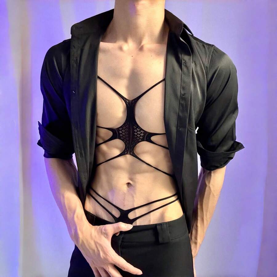 Black men's erotic bodysuit lingerie featuring cut-out hollow details, V-neck line, semi-sheer knitted fabric, and low rise fit.