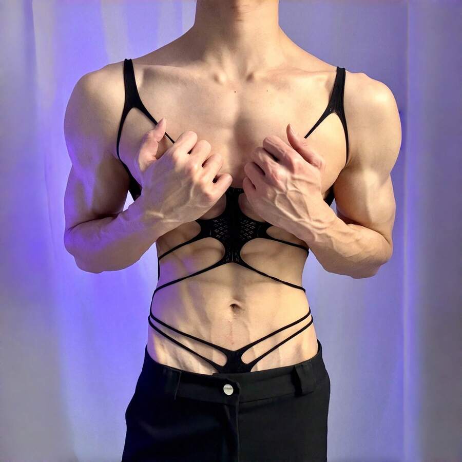 Black men's erotic bodysuit lingerie featuring cut-out hollow details, V-neck line, semi-sheer knitted fabric, and low rise fit.