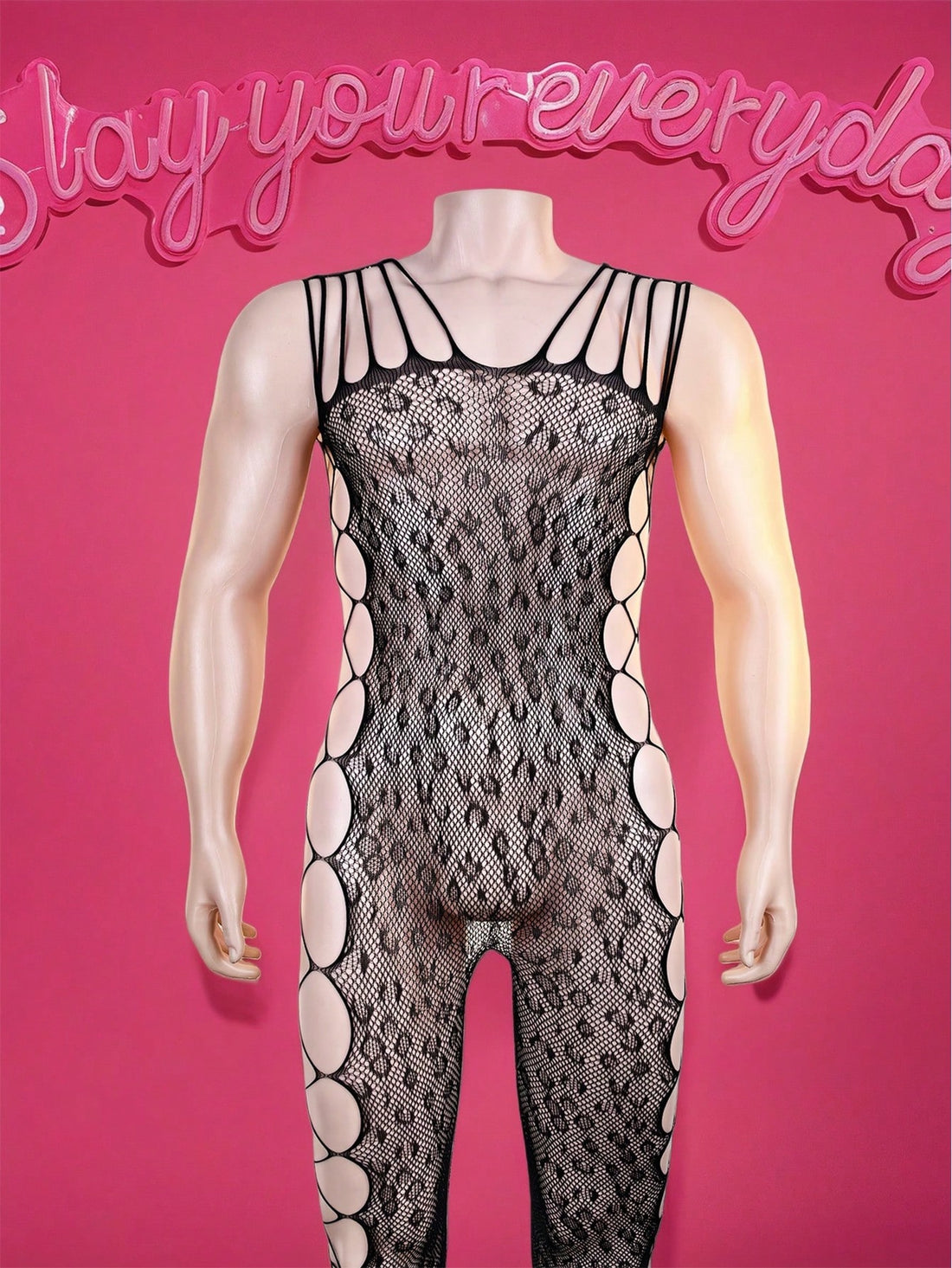 Black men's bodysuit with sheer cut-out design, short length, mid rise, and high-stretch polyamide elastane fabric for party, festival, and costume wear.