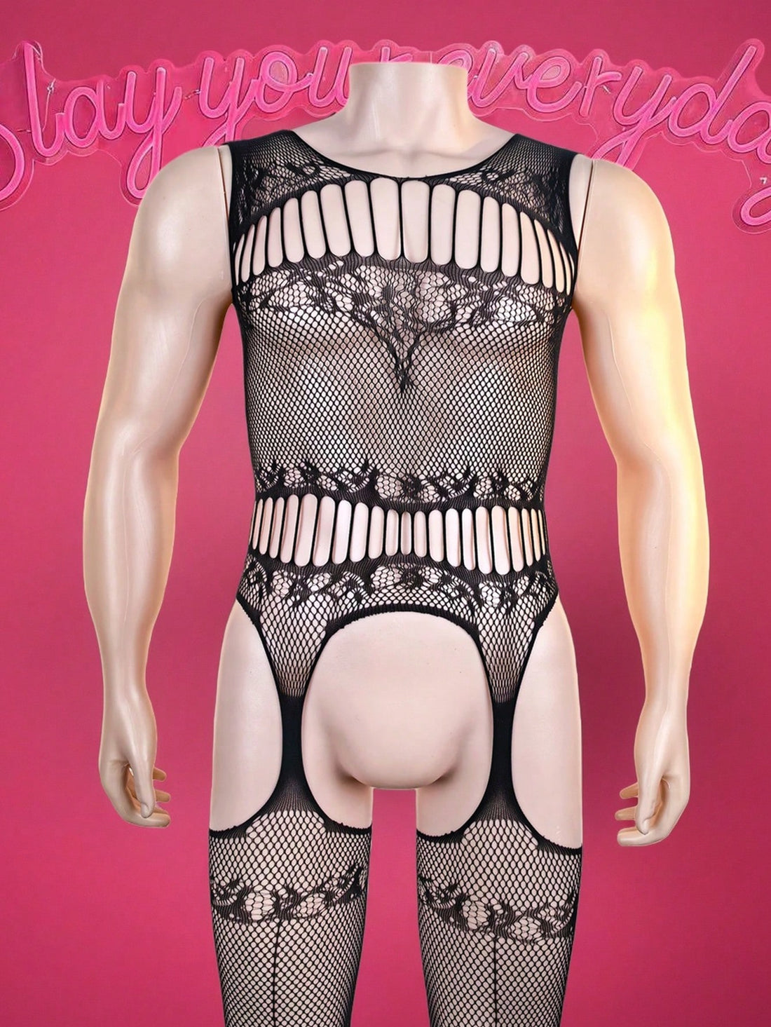 Black sheer men's bodysuit with cut-out hollow-out design, round neck, short length, and high-stretch polyamide elastane fabric.