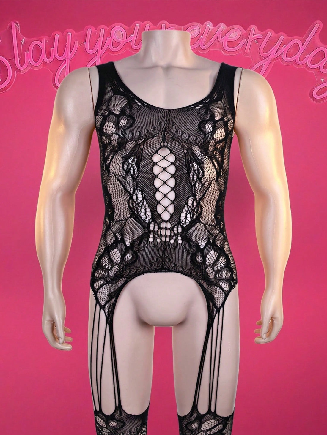 Black men's sheer bodysuit with cut-out design, scoop neck, mid-rise fit, and high-stretch polyamide elastane fabric.