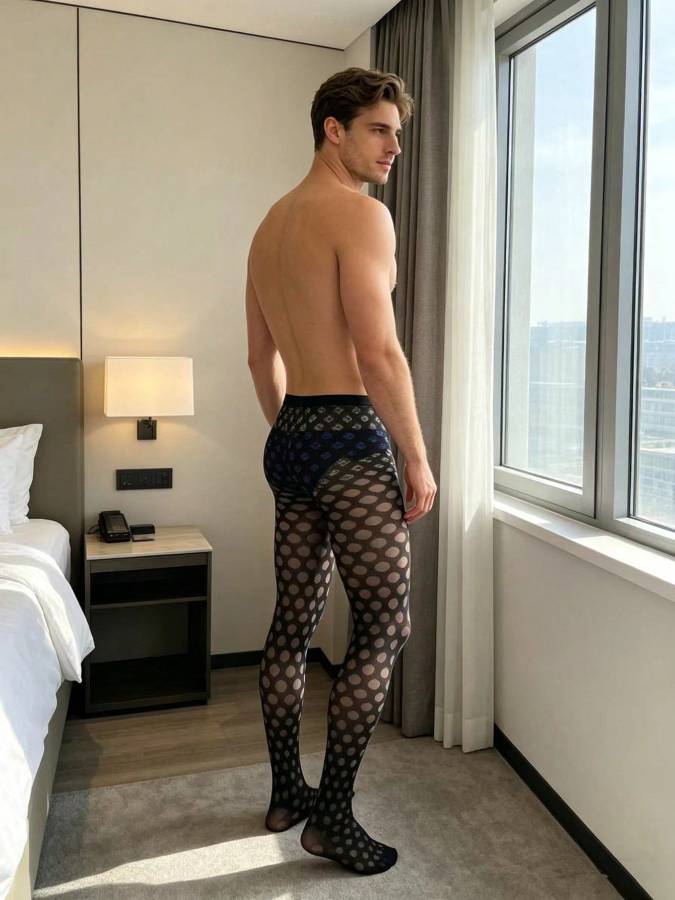 Men's black fishnet thong underwear in sheer knitted polyamide with hollow out detail and a low rise fit.