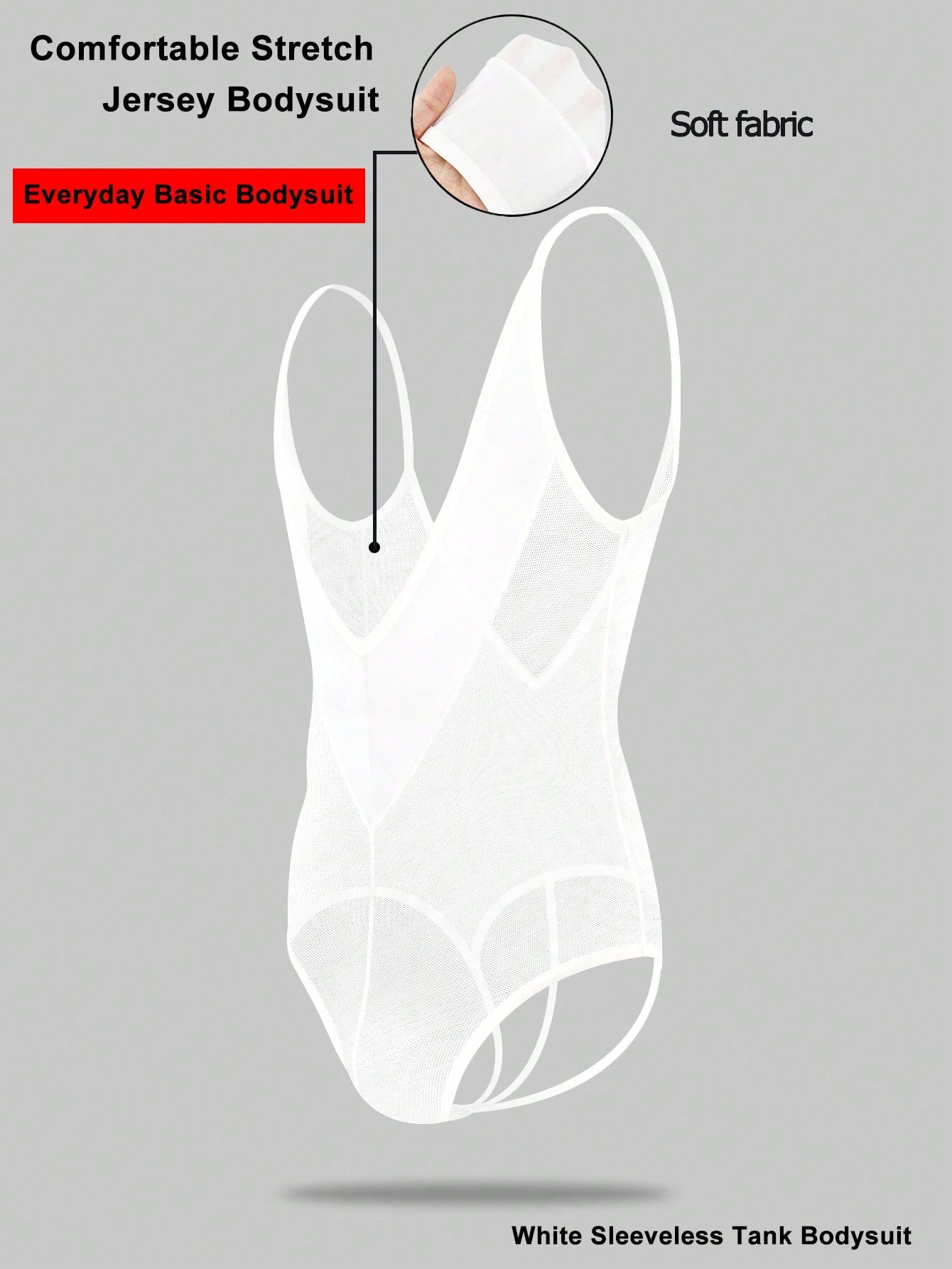 Men's white mesh thong underwear with a sleeveless deep V-neck design, plain pattern, cut out detail, and mid-rise fit.