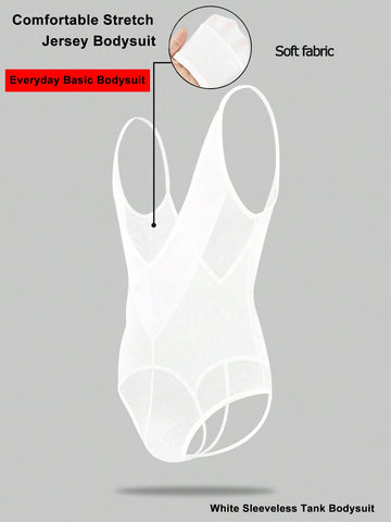 Men's white mesh thong underwear with a sleeveless deep V-neck design, plain pattern, cut out detail, and mid-rise fit.